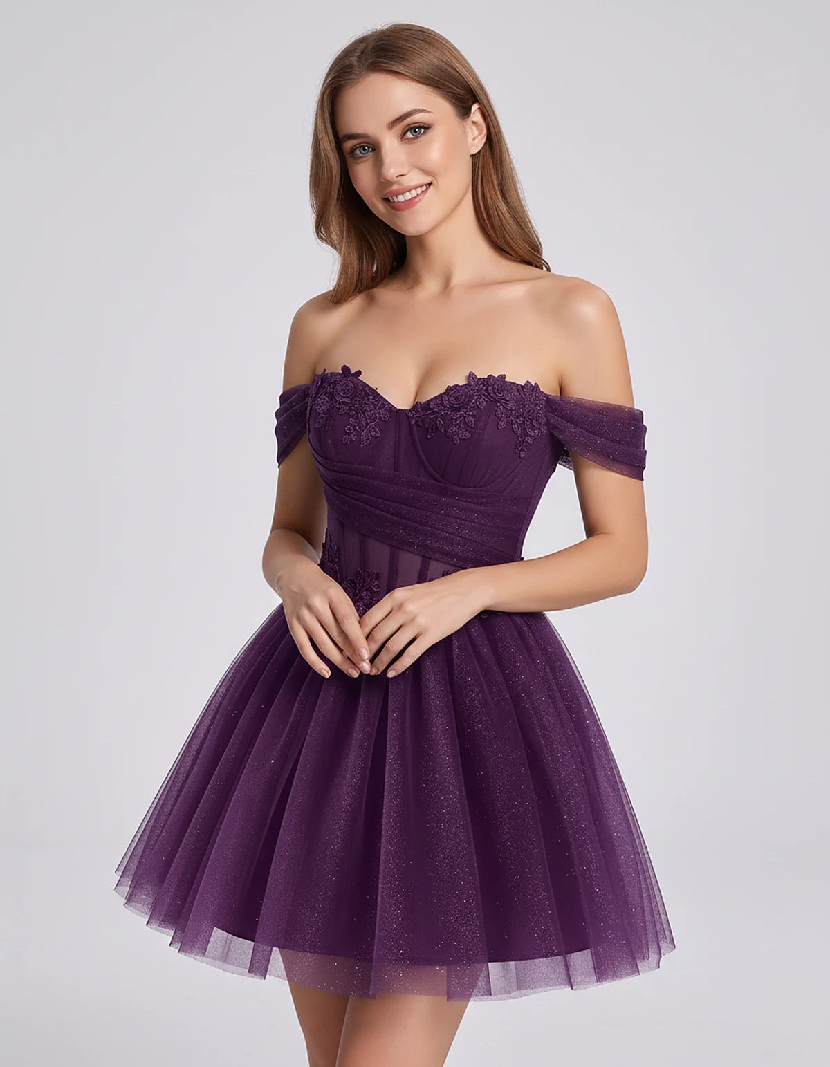 Glitter Tulle Off-the-Shoulder Sweetheart A-Line Mini Dress with Floral Appliqués for Prom, Party, Cocktail, Evening & Weddin