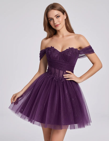 Glitter Tulle Off-the-Shoulder Sweetheart A-Line Mini Dress with Floral Appliqués for Prom, Party, Cocktail, Evening & Weddin
