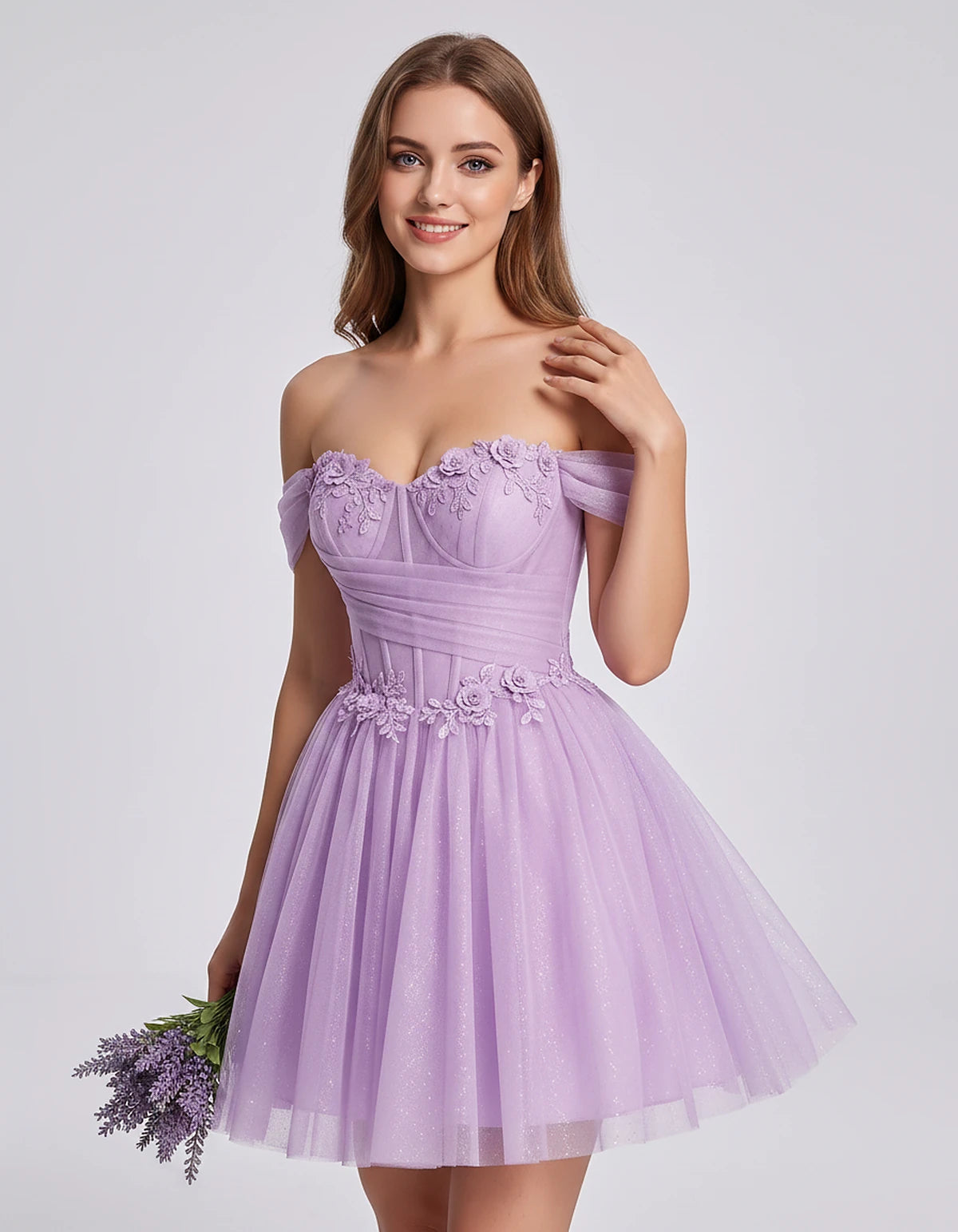 Glitter Tulle Off-the-Shoulder Sweetheart A-Line Mini Dress with Floral Appliqués for Prom, Party, Cocktail, Evening & Weddin