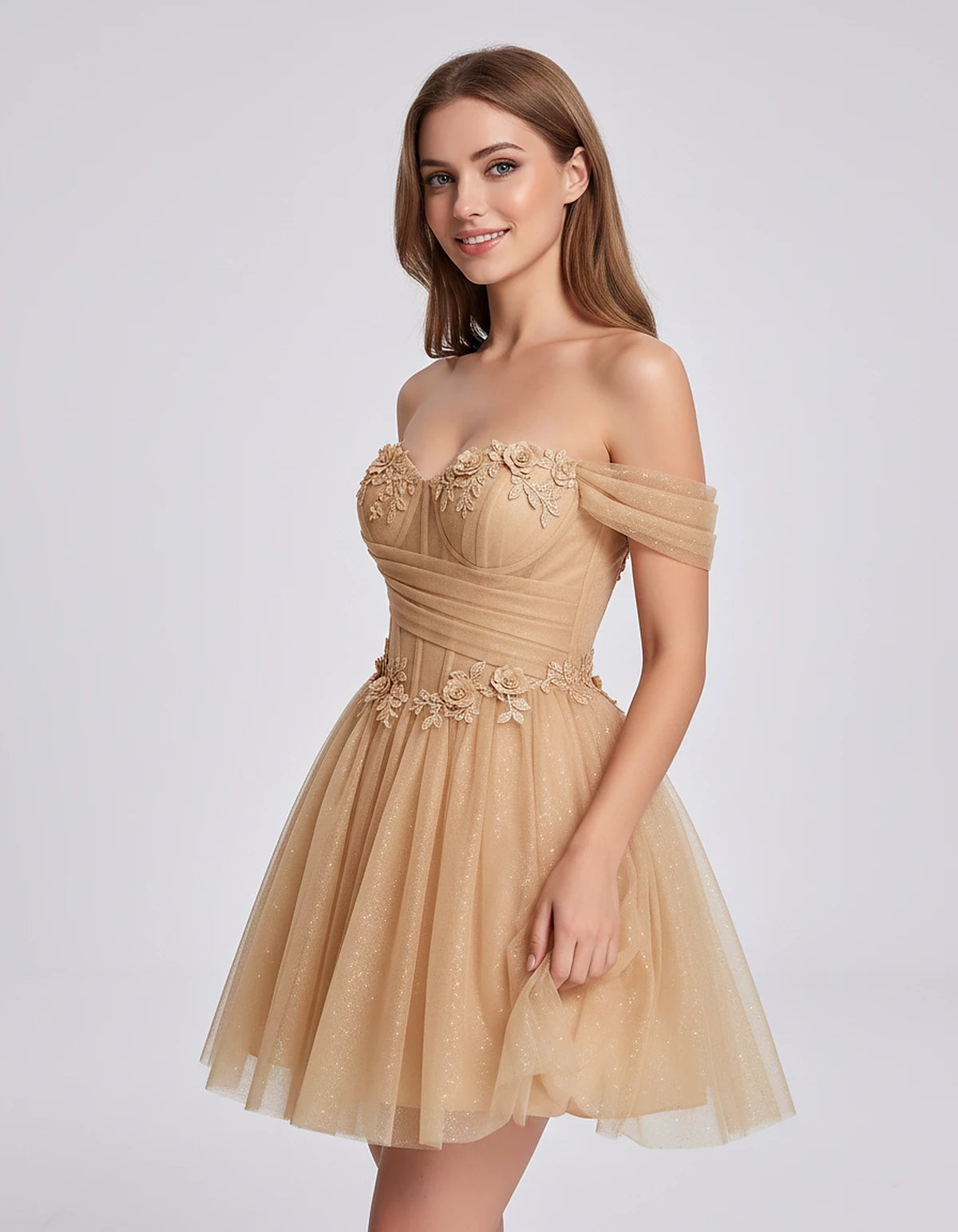 Glitter Tulle Off-the-Shoulder Sweetheart A-Line Mini Dress with Floral Appliqués for Prom, Party, Cocktail, Evening & Weddin