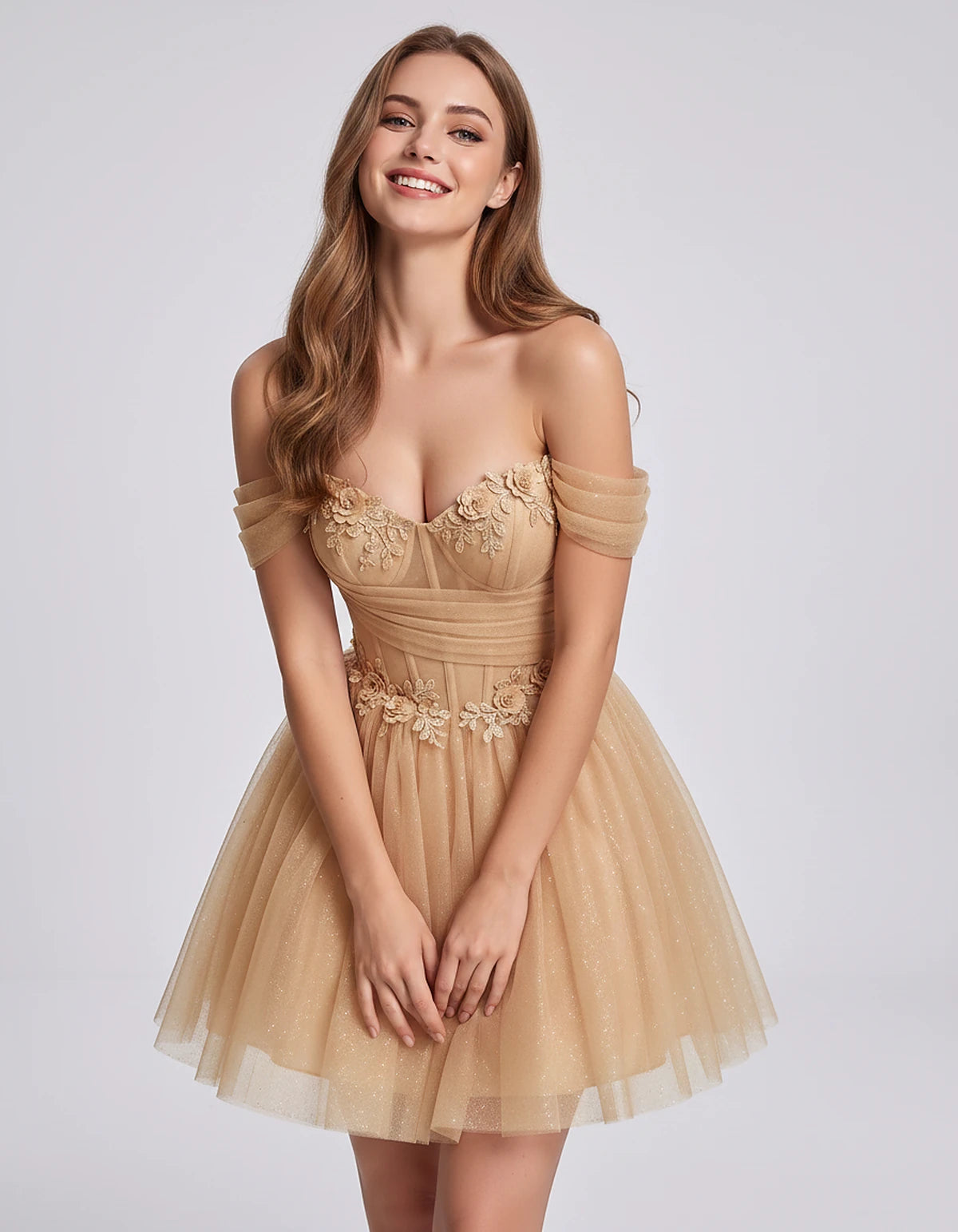 Glitter Tulle Off-the-Shoulder Sweetheart A-Line Mini Dress with Floral Appliqués for Prom, Party, Cocktail, Evening & Weddin