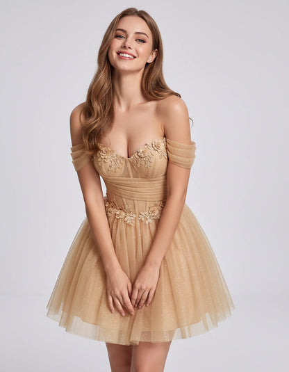 Glitter Tulle Off-the-Shoulder Sweetheart A-Line Mini Dress with Floral Appliqués for Prom, Party, Cocktail, Evening & Weddin