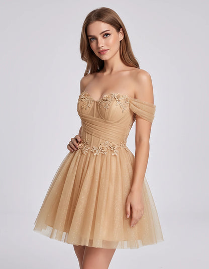 Glitter Tulle Off-the-Shoulder Sweetheart A-Line Mini Dress with Floral Appliqués for Prom, Party, Cocktail, Evening & Weddin