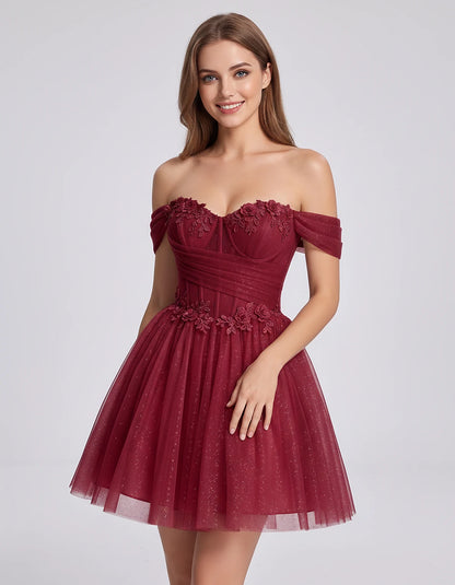 Glitter Tulle Off-the-Shoulder Sweetheart A-Line Mini Dress with Floral Appliqués for Prom, Party, Cocktail, Evening & Weddin