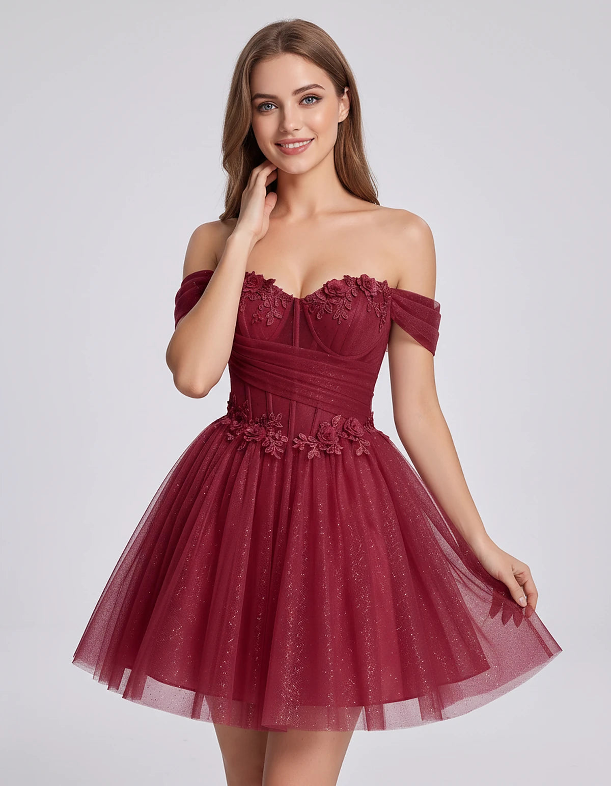 Glitter Tulle Off-the-Shoulder Sweetheart A-Line Mini Dress with Floral Appliqués for Prom, Party, Cocktail, Evening & Weddin