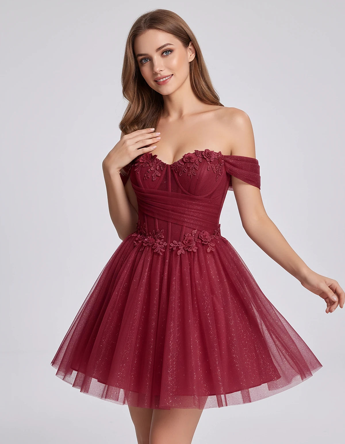 Glitter Tulle Off-the-Shoulder Sweetheart A-Line Mini Dress with Floral Appliqués for Prom, Party, Cocktail, Evening & Weddin