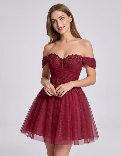 Glitter Tulle Off-the-Shoulder Sweetheart A-Line Mini Dress with Floral Appliqués for Prom, Party, Cocktail, Evening & Weddin