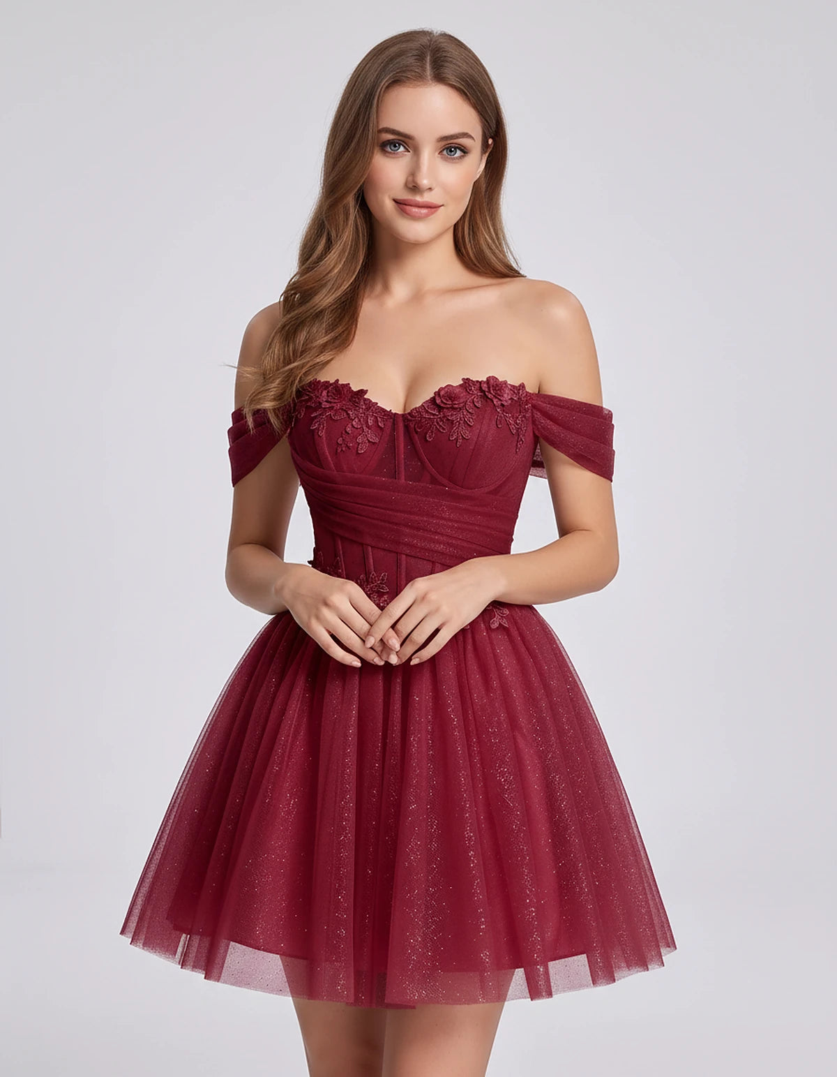 Glitter Tulle Off-the-Shoulder Sweetheart A-Line Mini Dress with Floral Appliqués for Prom, Party, Cocktail, Evening & Weddin