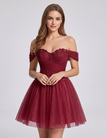 Glitter Tulle Off-the-Shoulder Sweetheart A-Line Mini Dress with Floral Appliqués for Prom, Party, Cocktail, Evening & Weddin