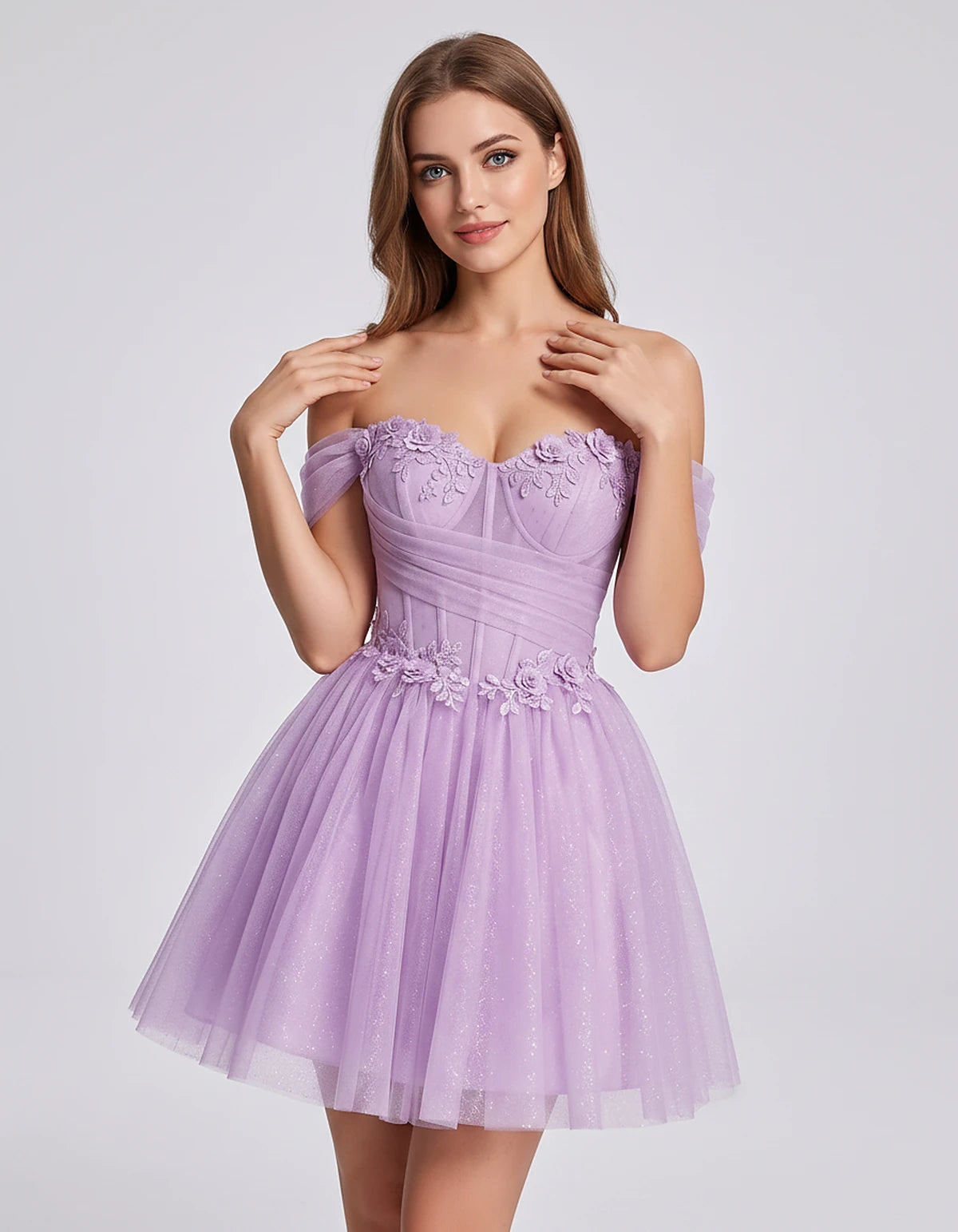 Glitter Tulle Off-the-Shoulder Sweetheart A-Line Mini Dress with Floral Appliqués for Prom, Party, Cocktail, Evening & Weddin