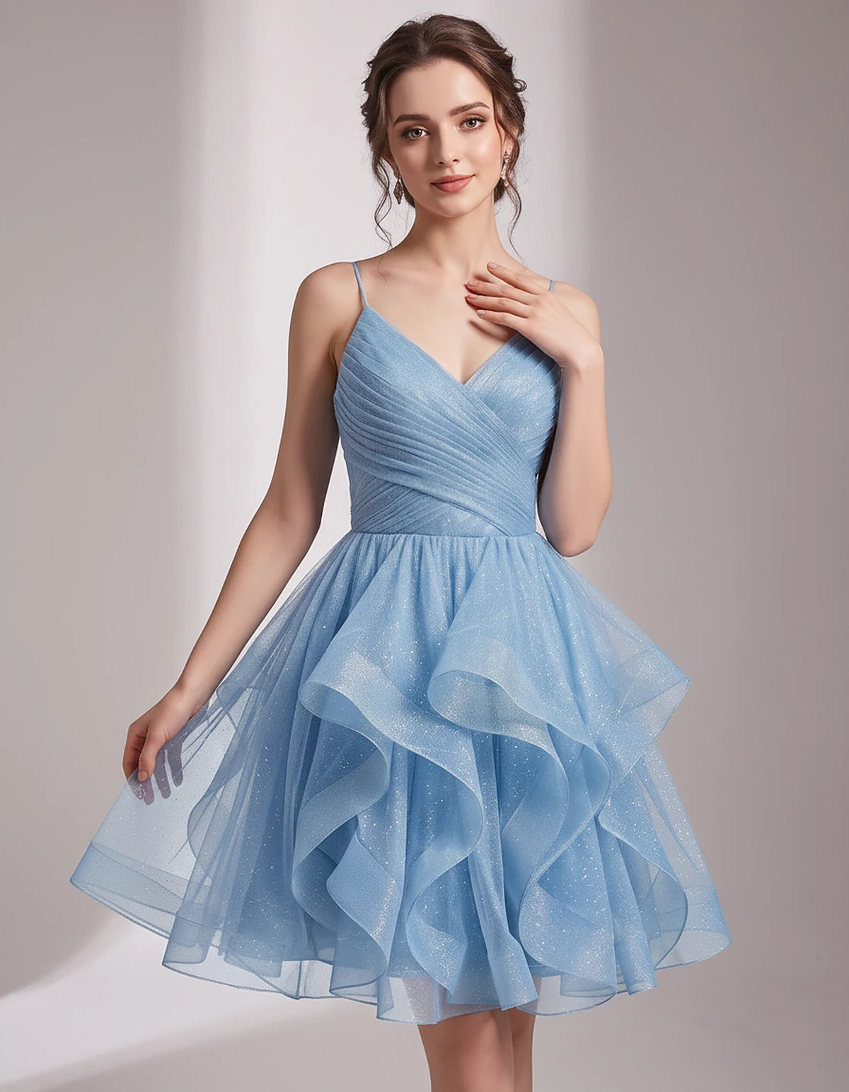 Glitter Tulle Satin Sleeveless V-Neck A-Line Mini Dress for Party, Prom, Cocktail, Evening, Summer & Wedding Guest Events | R
