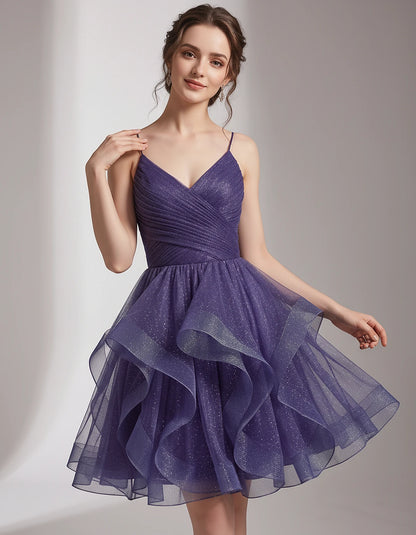 Glitter Tulle Satin Sleeveless V-Neck A-Line Mini Dress for Party, Prom, Cocktail, Evening, Summer & Wedding Guest Events | R