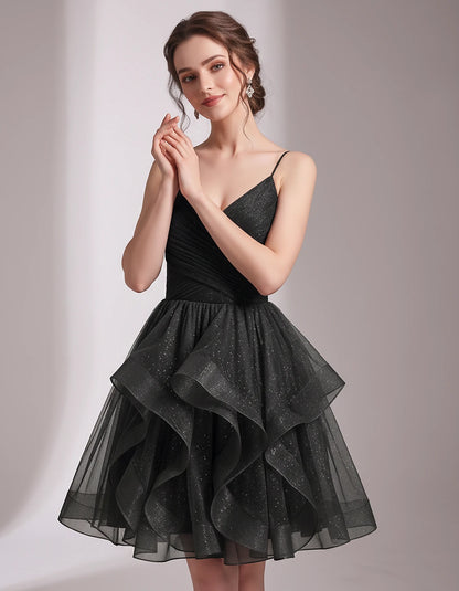 Glitter Tulle Satin Sleeveless V-Neck A-Line Mini Dress for Party, Prom, Cocktail, Evening, Summer & Wedding Guest Events | R