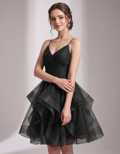 Glitter Tulle Satin Sleeveless V-Neck A-Line Mini Dress for Party, Prom, Cocktail, Evening, Summer & Wedding Guest Events | R