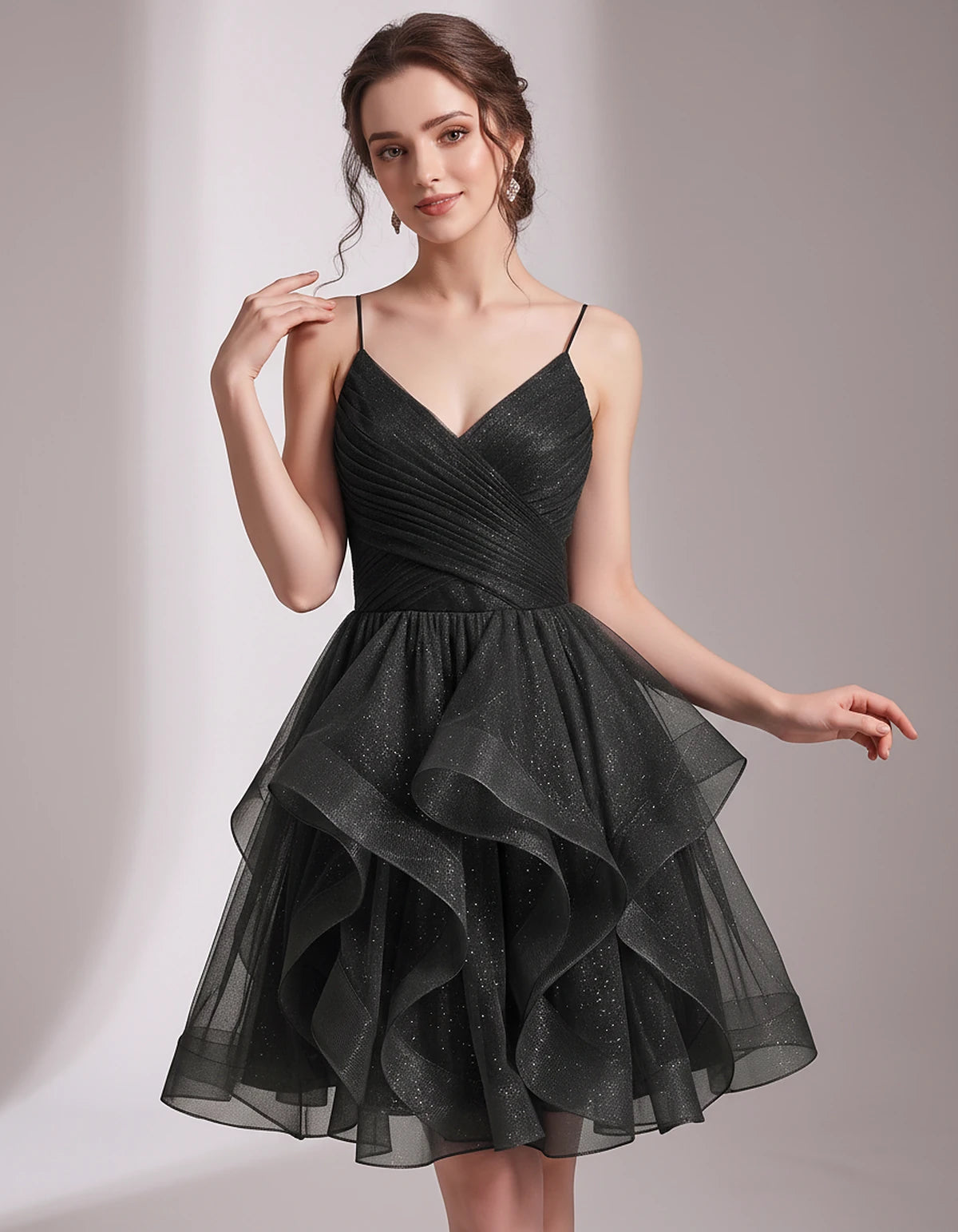 Glitter Tulle Satin Sleeveless V-Neck A-Line Mini Dress for Party, Prom, Cocktail, Evening, Summer & Wedding Guest Events | R