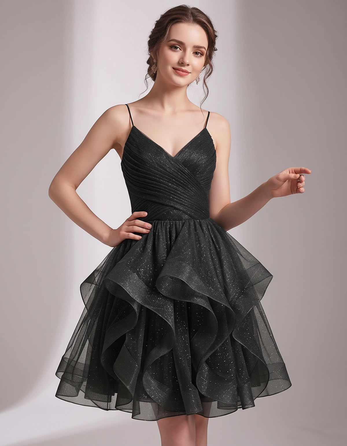 Glitter Tulle Satin Sleeveless V-Neck A-Line Mini Dress for Party, Prom, Cocktail, Evening, Summer & Wedding Guest Events | R