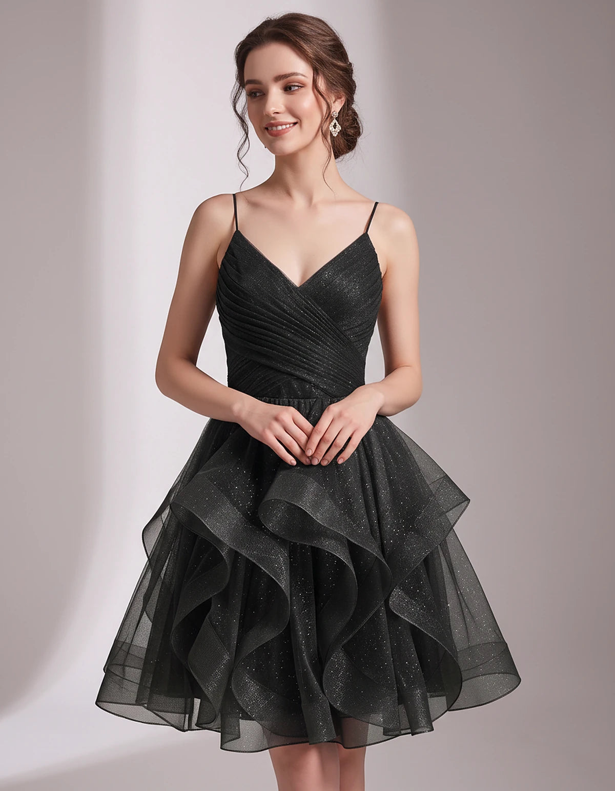 Glitter Tulle Satin Sleeveless V-Neck A-Line Mini Dress for Party, Prom, Cocktail, Evening, Summer & Wedding Guest Events | R