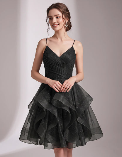 Glitter Tulle Satin Sleeveless V-Neck A-Line Mini Dress for Party, Prom, Cocktail, Evening, Summer & Wedding Guest Events | R