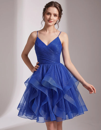 Glitter Tulle Satin Sleeveless V-Neck A-Line Mini Dress for Party, Prom, Cocktail, Evening, Summer & Wedding Guest Events | R