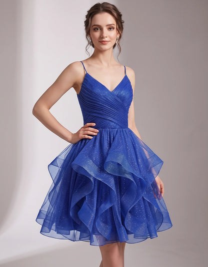 Glitter Tulle Satin Sleeveless V-Neck A-Line Mini Dress for Party, Prom, Cocktail, Evening, Summer & Wedding Guest Events | R