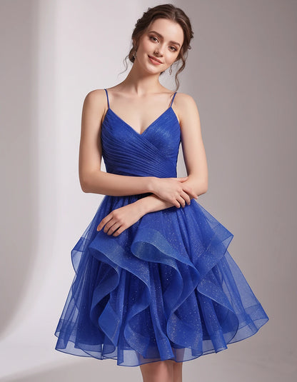 Glitter Tulle Satin Sleeveless V-Neck A-Line Mini Dress for Party, Prom, Cocktail, Evening, Summer & Wedding Guest Events | R