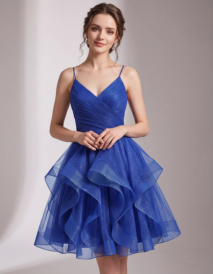 Glitter Tulle Satin Sleeveless V-Neck A-Line Mini Dress for Party, Prom, Cocktail, Evening, Summer & Wedding Guest Events | R