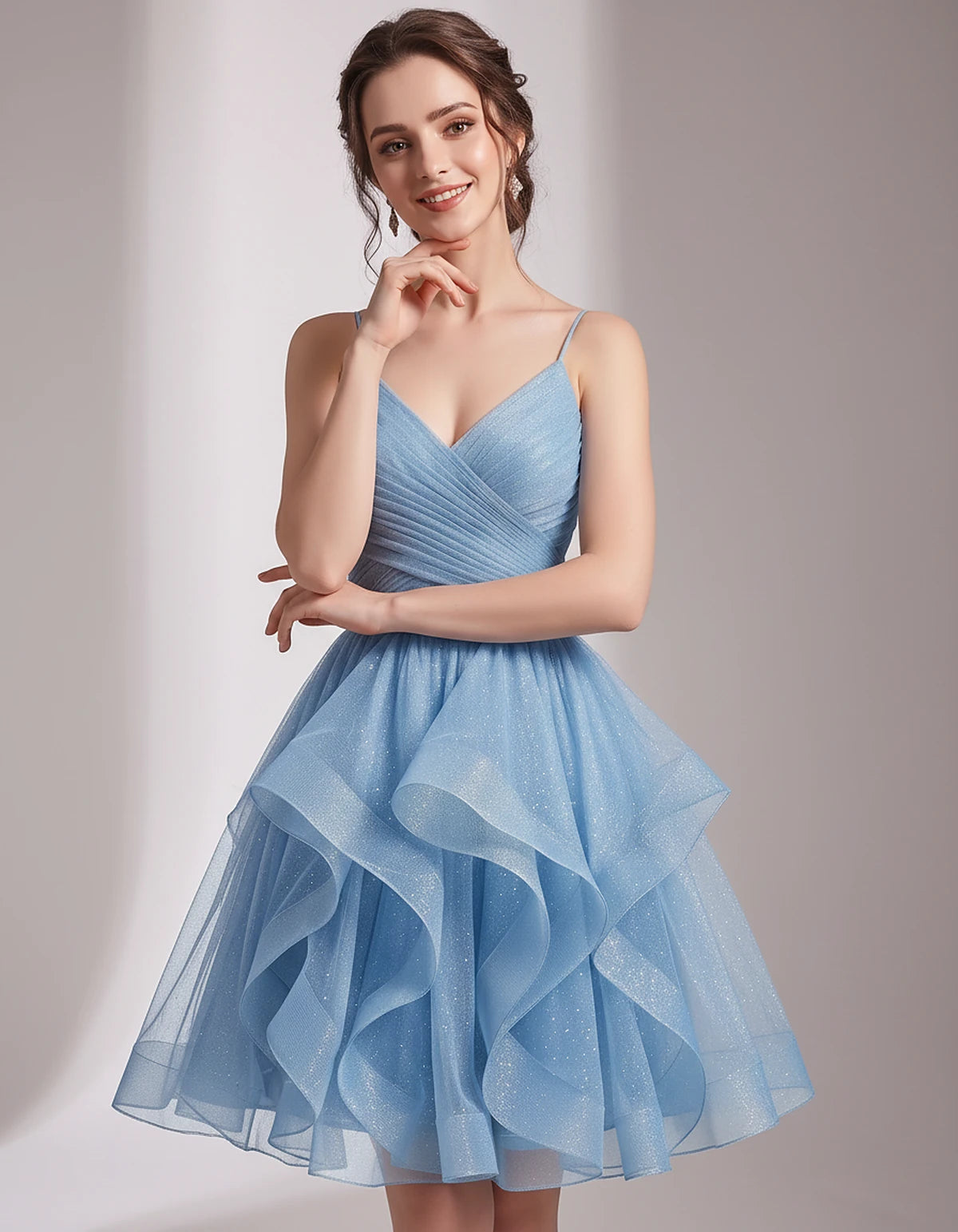 Glitter Tulle Satin Sleeveless V-Neck A-Line Mini Dress for Party, Prom, Cocktail, Evening, Summer & Wedding Guest Events | R