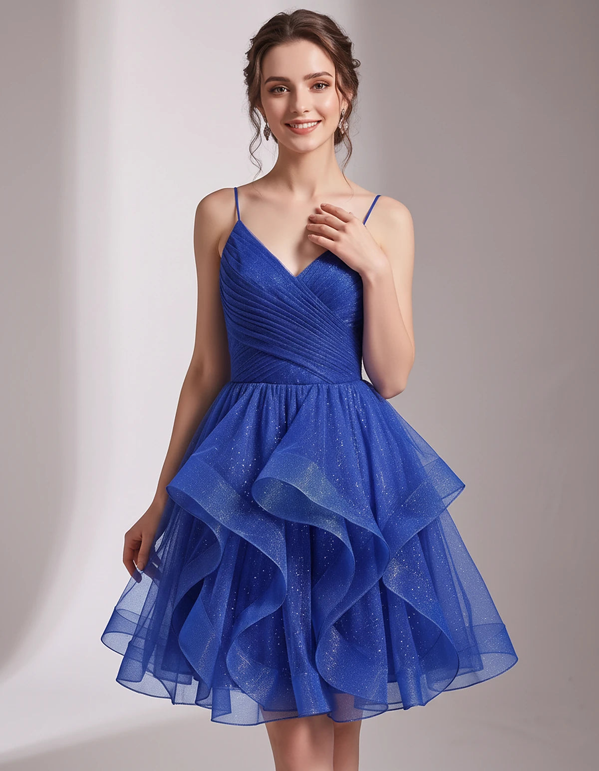 Glitter Tulle Satin Sleeveless V-Neck A-Line Mini Dress for Party, Prom, Cocktail, Evening, Summer & Wedding Guest Events | R