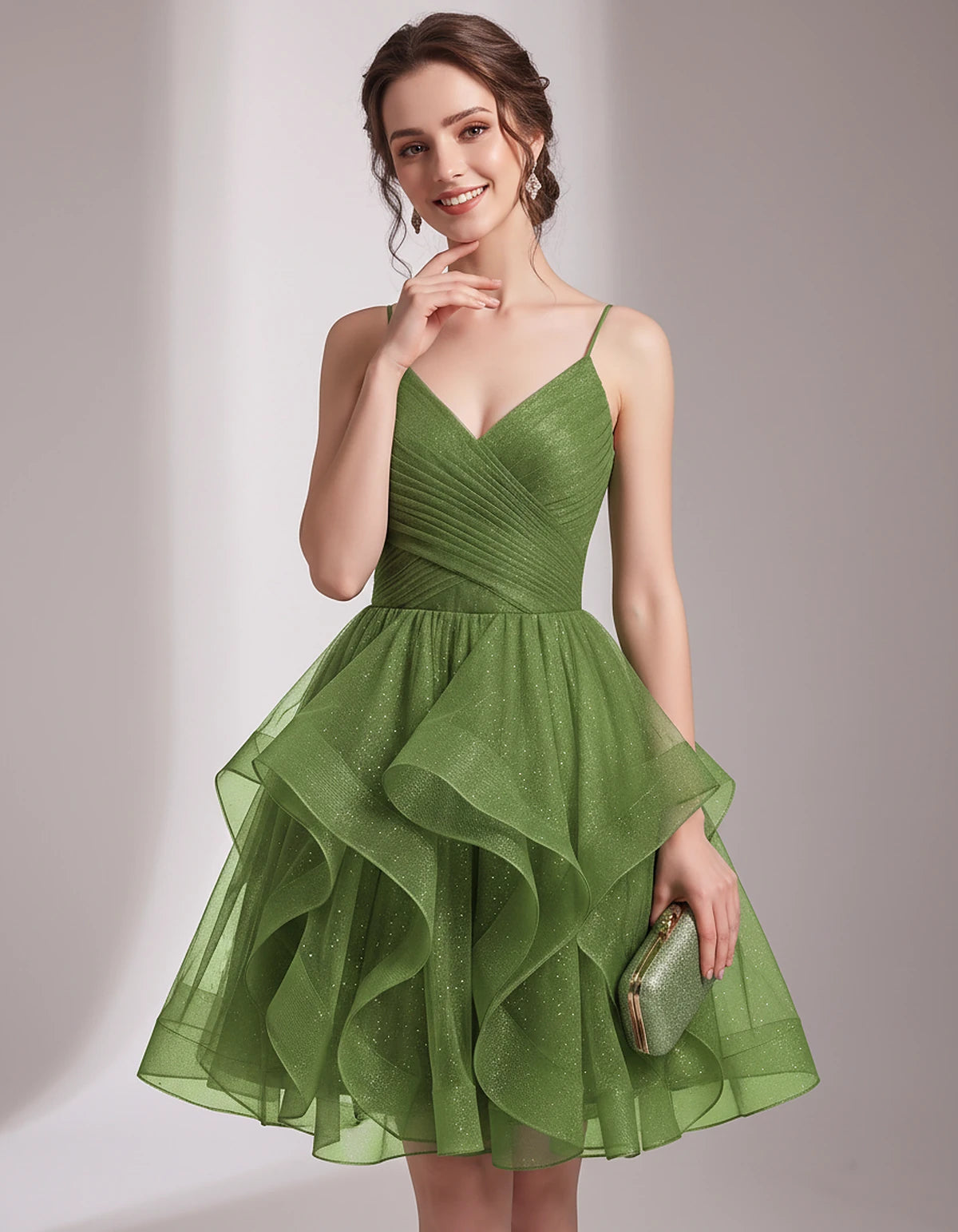 Glitter Tulle Satin Sleeveless V-Neck A-Line Mini Dress for Party, Prom, Cocktail, Evening, Summer & Wedding Guest Events | R