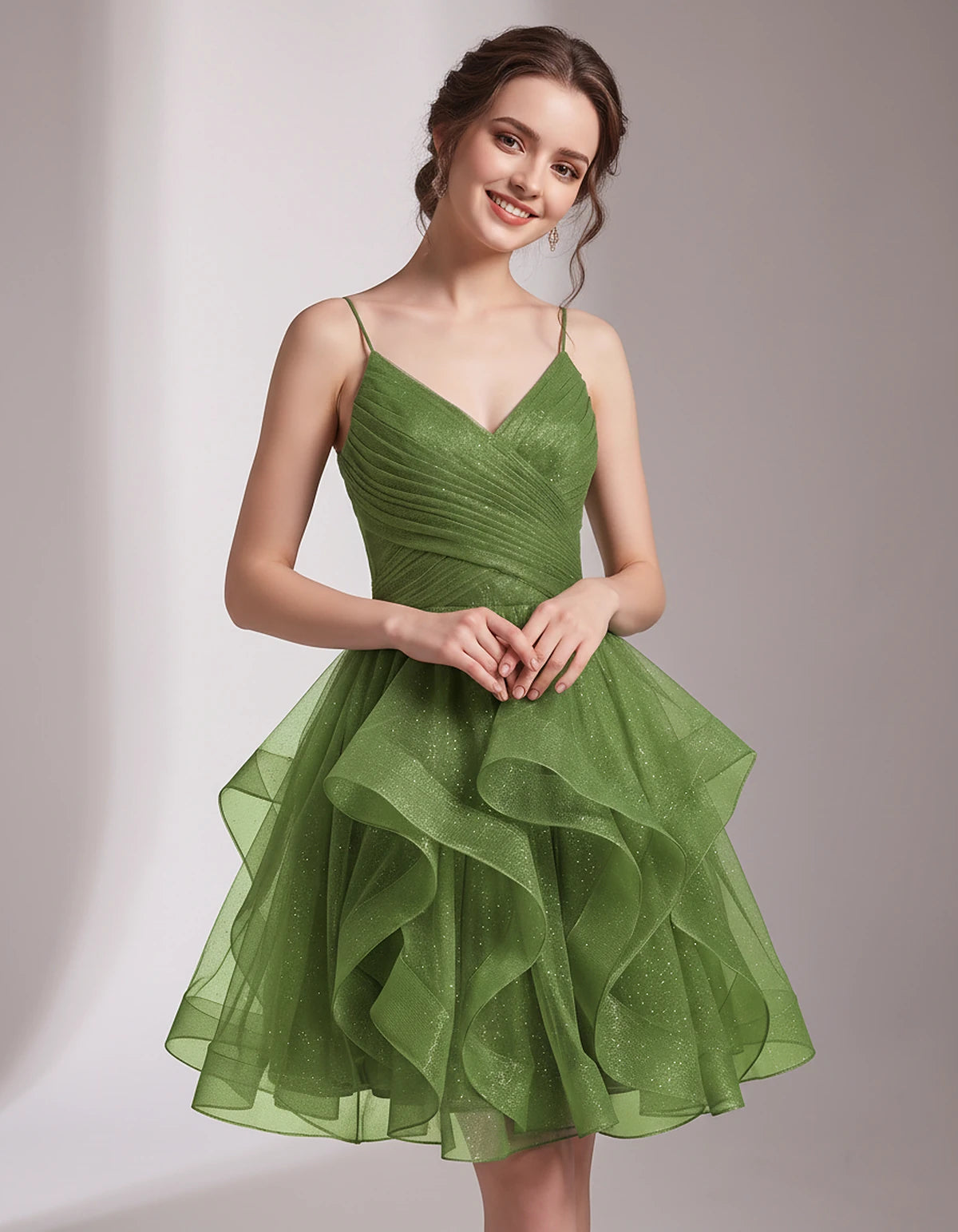 Glitter Tulle Satin Sleeveless V-Neck A-Line Mini Dress for Party, Prom, Cocktail, Evening, Summer & Wedding Guest Events | R