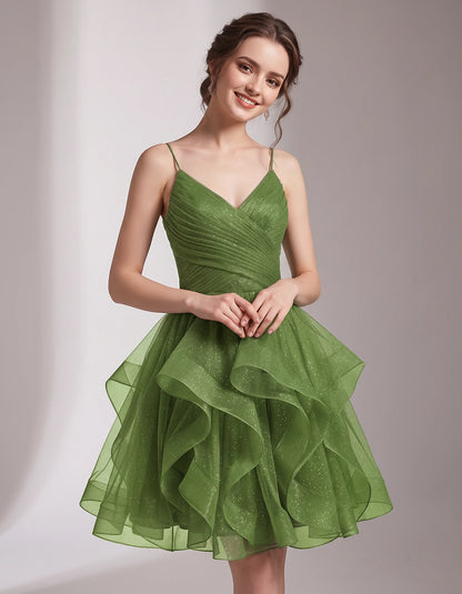 Glitter Tulle Satin Sleeveless V-Neck A-Line Mini Dress for Party, Prom, Cocktail, Evening, Summer & Wedding Guest Events | R