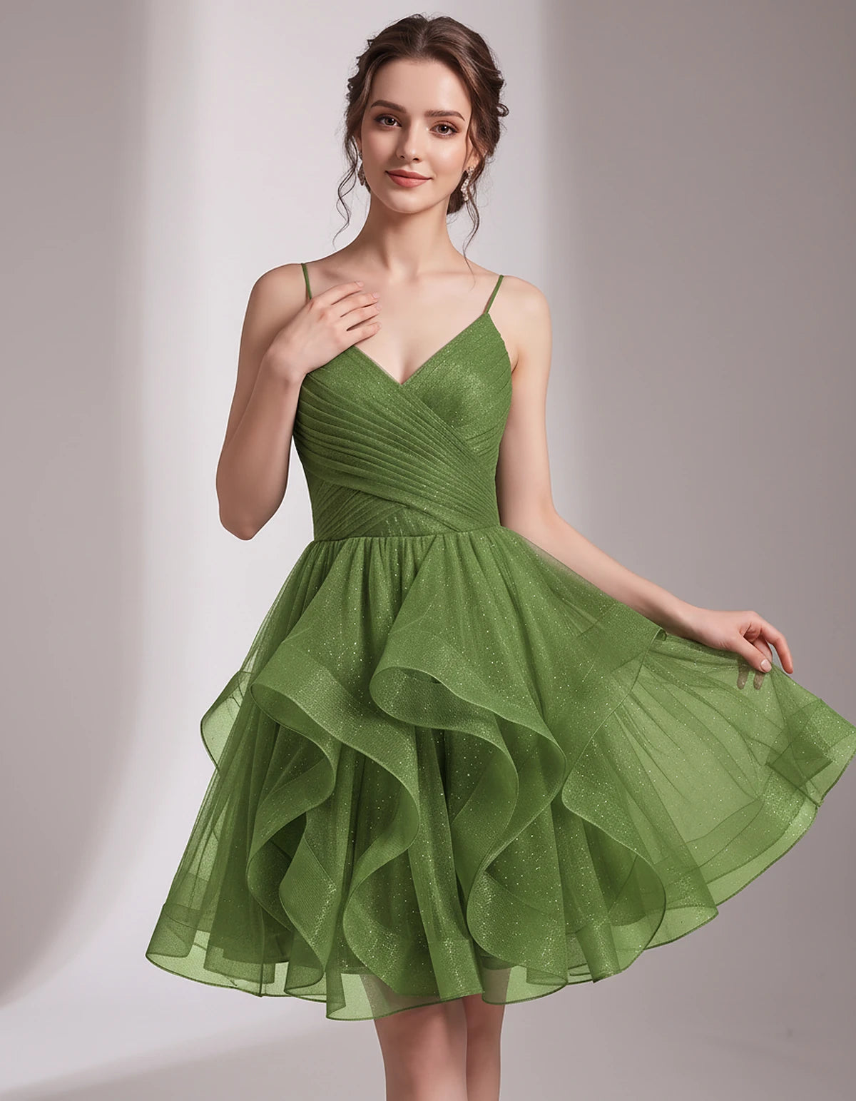 Glitter Tulle Satin Sleeveless V-Neck A-Line Mini Dress for Party, Prom, Cocktail, Evening, Summer & Wedding Guest Events | R