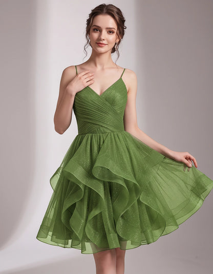 Glitter Tulle Satin Sleeveless V-Neck A-Line Mini Dress for Party, Prom, Cocktail, Evening, Summer & Wedding Guest Events | R