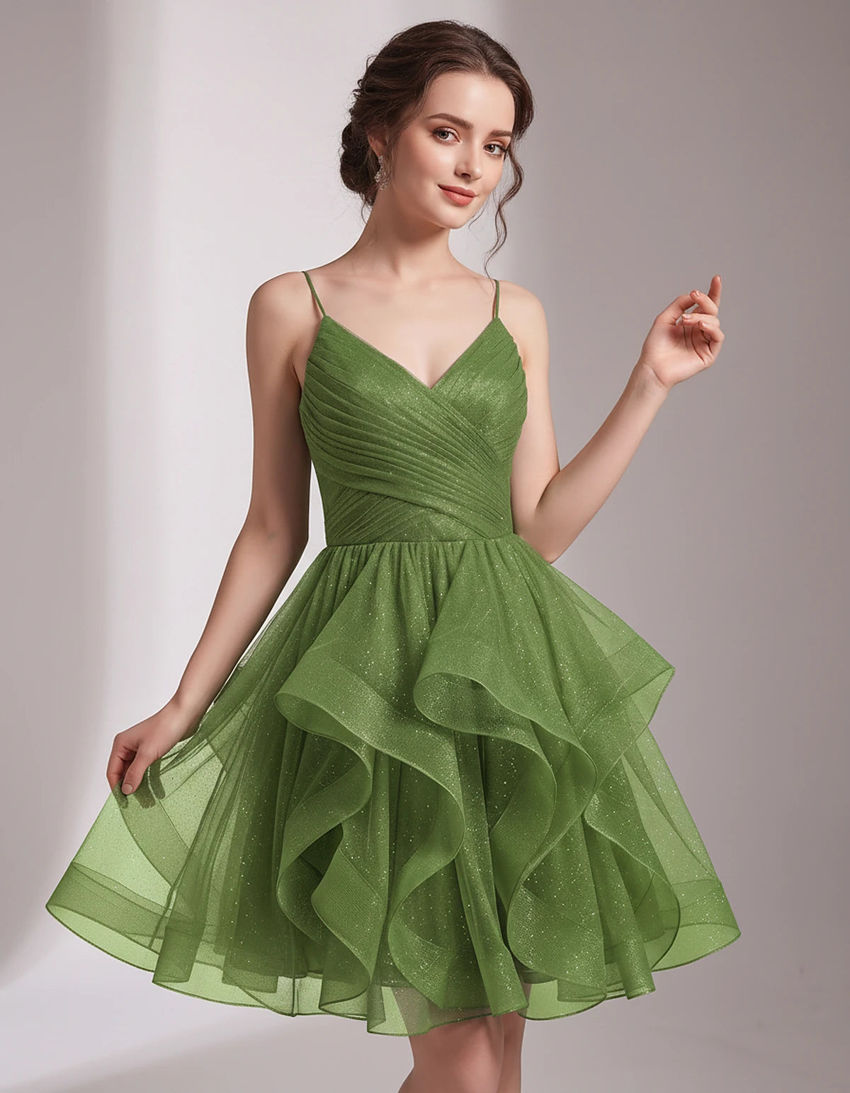 Glitter Tulle Satin Sleeveless V-Neck A-Line Mini Dress for Party, Prom, Cocktail, Evening, Summer & Wedding Guest Events | R