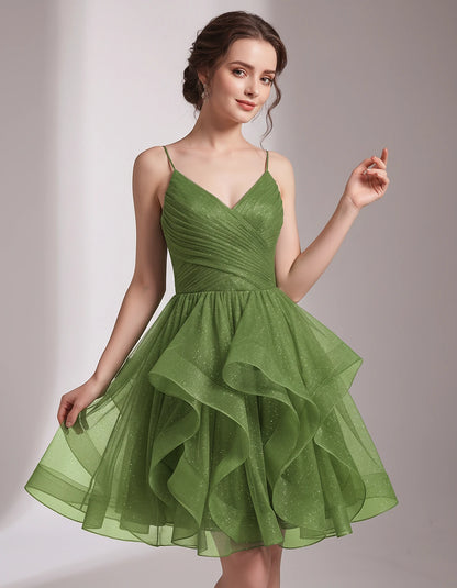 Glitter Tulle Satin Sleeveless V-Neck A-Line Mini Dress for Party, Prom, Cocktail, Evening, Summer & Wedding Guest Events | R