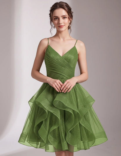 Glitter Tulle Satin Sleeveless V-Neck A-Line Mini Dress for Party, Prom, Cocktail, Evening, Summer & Wedding Guest Events | R