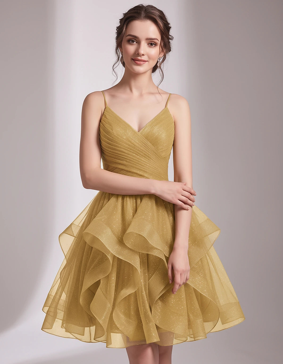 Glitter Tulle Satin Sleeveless V-Neck A-Line Mini Dress for Party, Prom, Cocktail, Evening, Summer & Wedding Guest Events | R