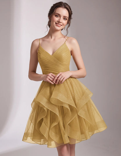 Glitter Tulle Satin Sleeveless V-Neck A-Line Mini Dress for Party, Prom, Cocktail, Evening, Summer & Wedding Guest Events | R