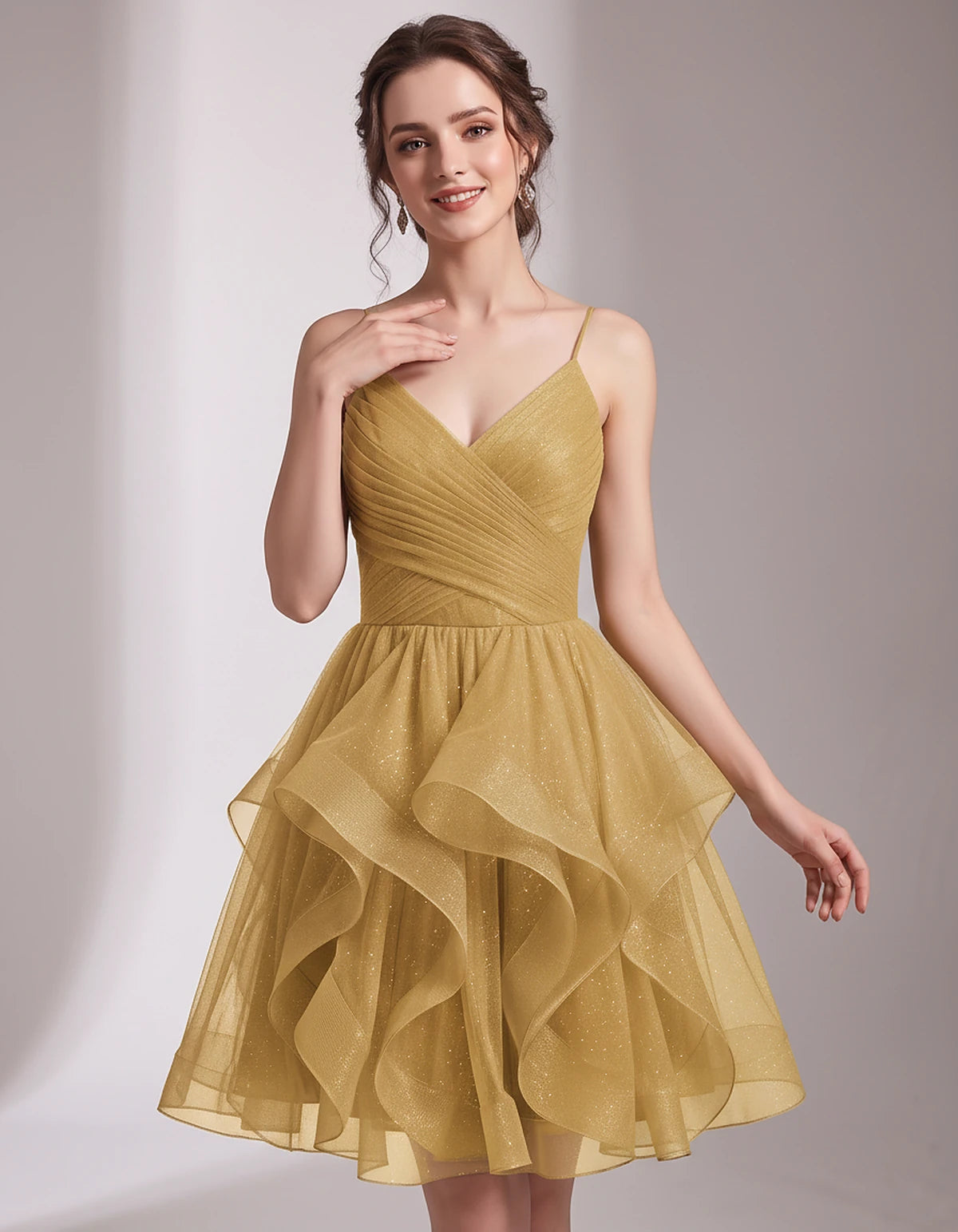 Glitter Tulle Satin Sleeveless V-Neck A-Line Mini Dress for Party, Prom, Cocktail, Evening, Summer & Wedding Guest Events | R