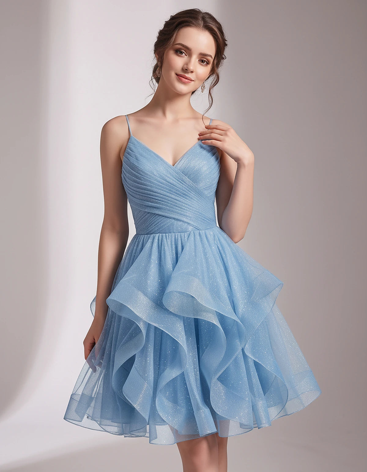 Glitter Tulle Satin Sleeveless V-Neck A-Line Mini Dress for Party, Prom, Cocktail, Evening, Summer & Wedding Guest Events | R