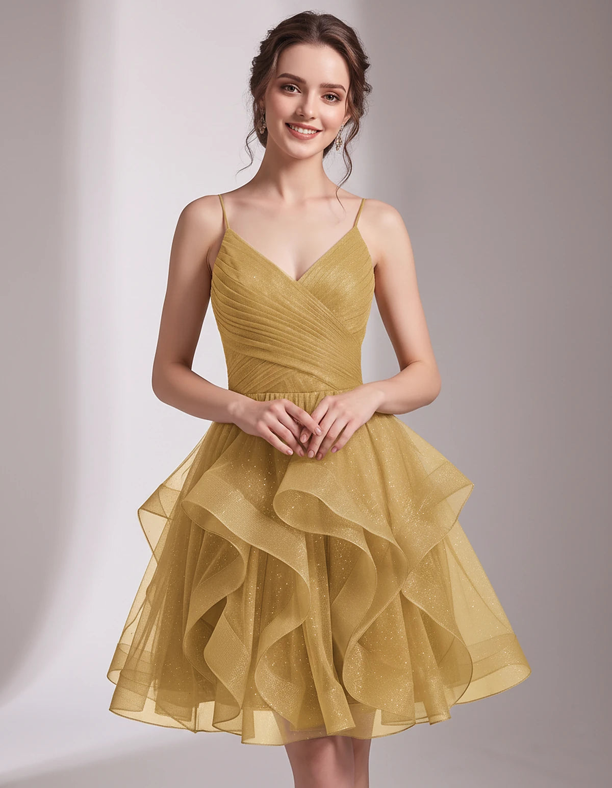 Glitter Tulle Satin Sleeveless V-Neck A-Line Mini Dress for Party, Prom, Cocktail, Evening, Summer & Wedding Guest Events | R