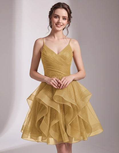Glitter Tulle Satin Sleeveless V-Neck A-Line Mini Dress for Party, Prom, Cocktail, Evening, Summer & Wedding Guest Events | R