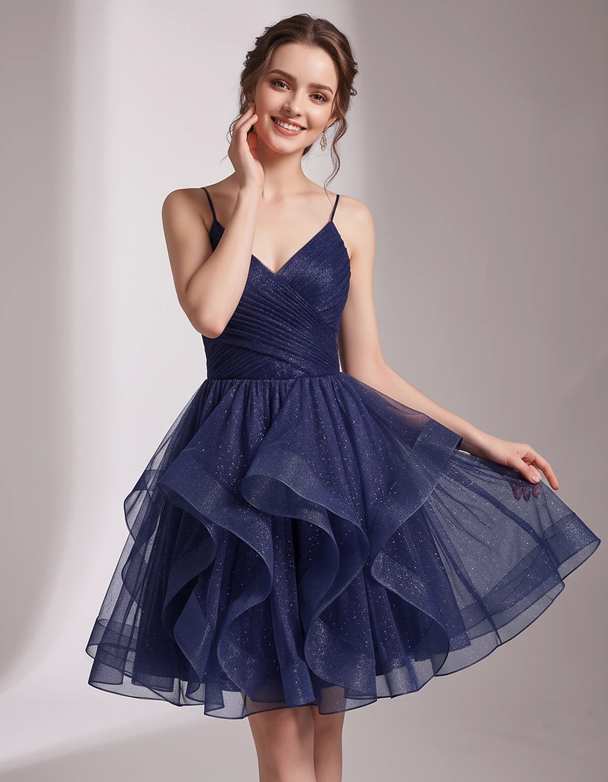 Glitter Tulle Satin Sleeveless V-Neck A-Line Mini Dress for Party, Prom, Cocktail, Evening, Summer & Wedding Guest Events | R