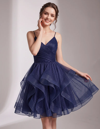 Glitter Tulle Satin Sleeveless V-Neck A-Line Mini Dress for Party, Prom, Cocktail, Evening, Summer & Wedding Guest Events | R