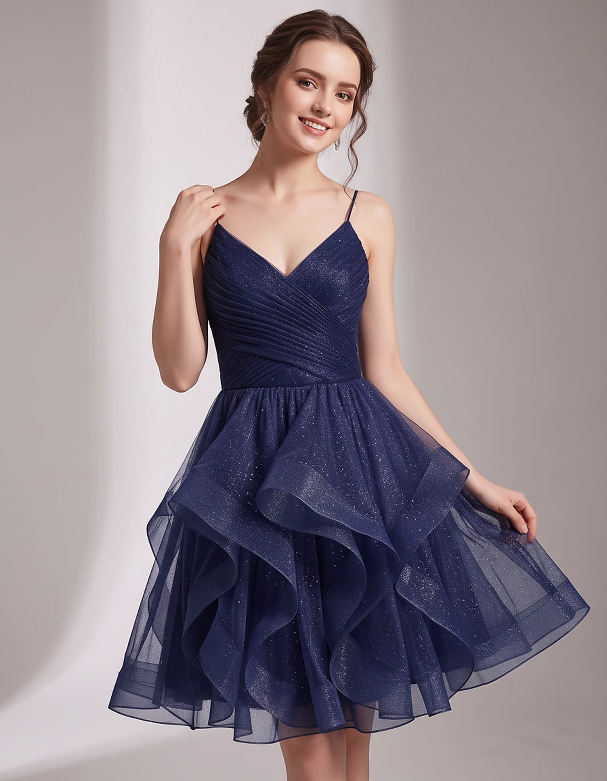 Glitter Tulle Satin Sleeveless V-Neck A-Line Mini Dress for Party, Prom, Cocktail, Evening, Summer & Wedding Guest Events | R