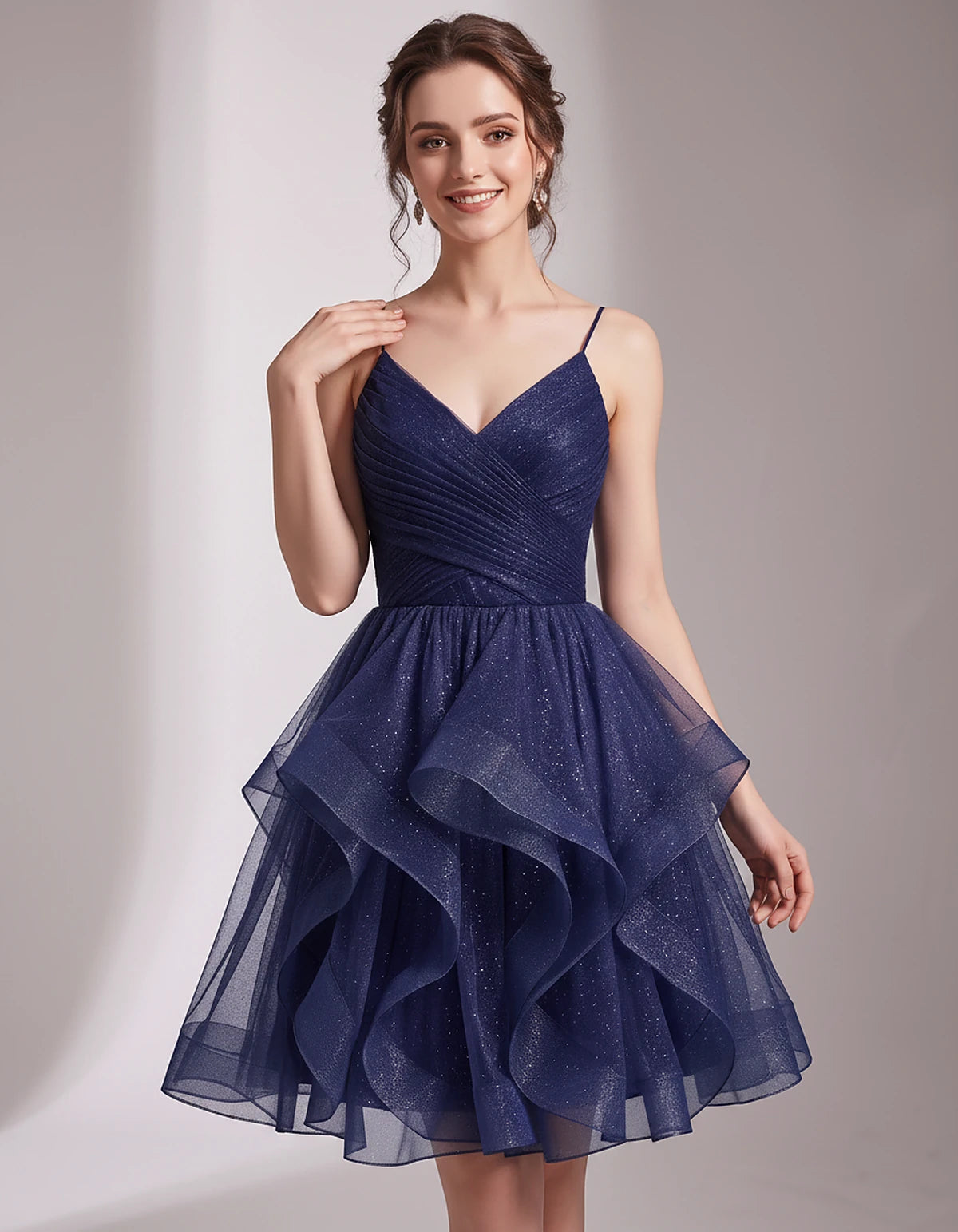 Glitter Tulle Satin Sleeveless V-Neck A-Line Mini Dress for Party, Prom, Cocktail, Evening, Summer & Wedding Guest Events | R