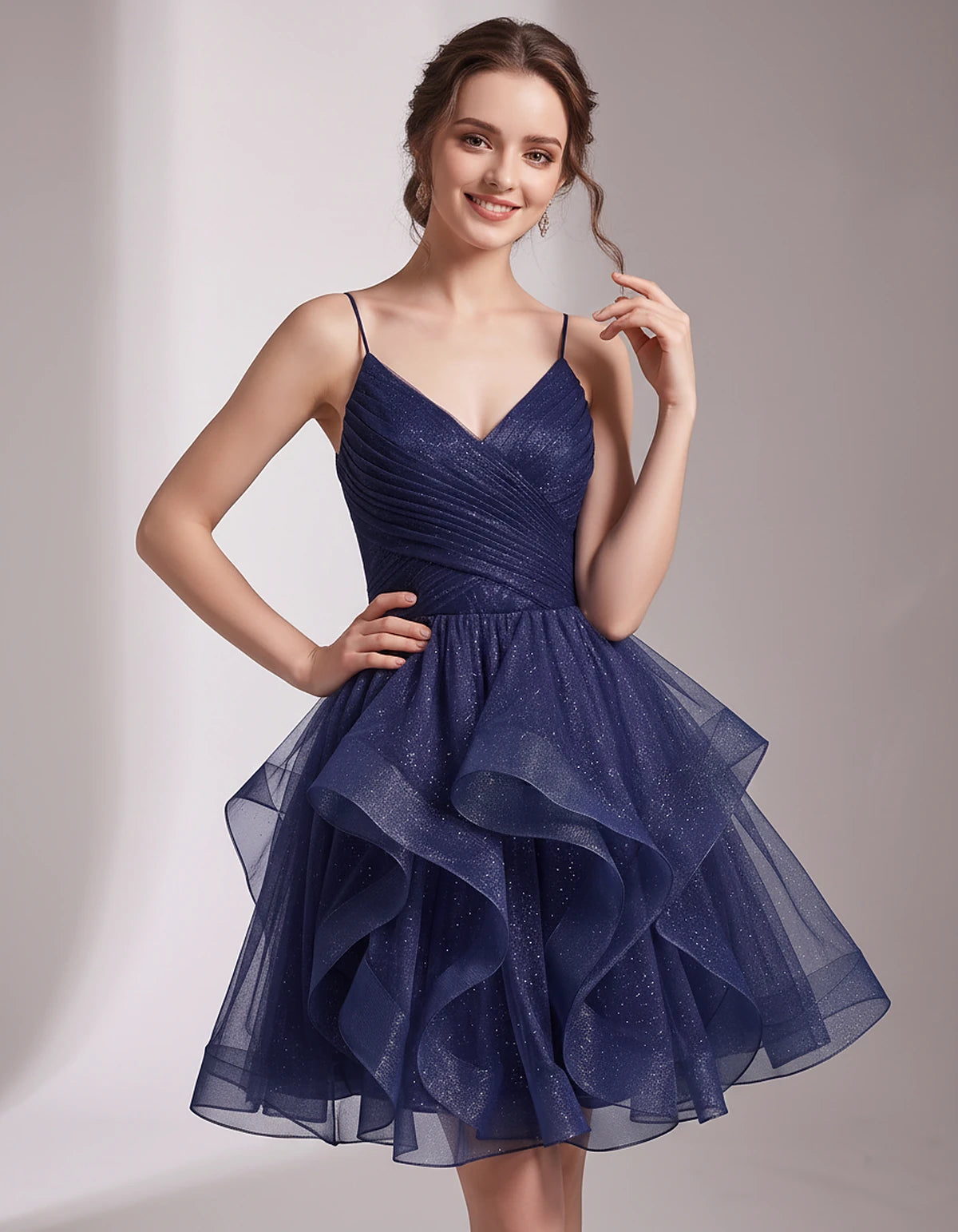 Glitter Tulle Satin Sleeveless V-Neck A-Line Mini Dress for Party, Prom, Cocktail, Evening, Summer & Wedding Guest Events | R