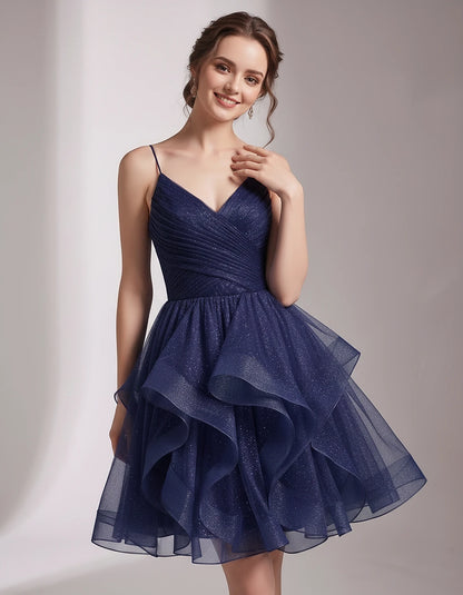 Glitter Tulle Satin Sleeveless V-Neck A-Line Mini Dress for Party, Prom, Cocktail, Evening, Summer & Wedding Guest Events | R