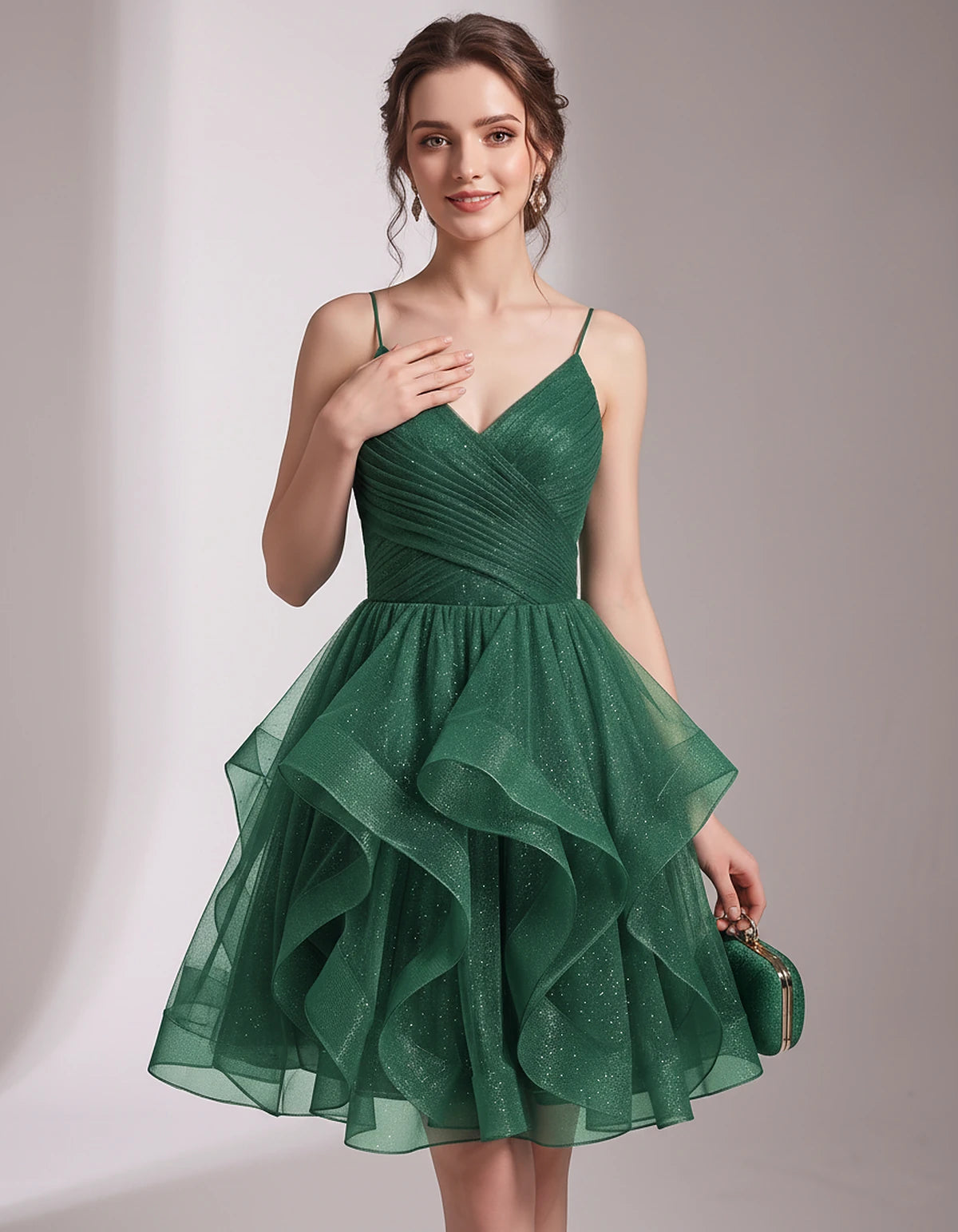 Glitter Tulle Satin Sleeveless V-Neck A-Line Mini Dress for Party, Prom, Cocktail, Evening, Summer & Wedding Guest Events | R