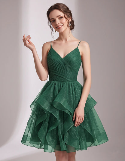 Glitter Tulle Satin Sleeveless V-Neck A-Line Mini Dress for Party, Prom, Cocktail, Evening, Summer & Wedding Guest Events | R